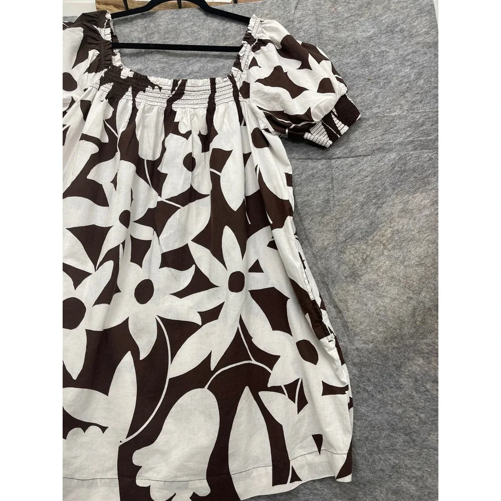 Free People Brown White Floral Smocked Puff Sleeve Mini Dress with Pockets - Picture 12 of 14